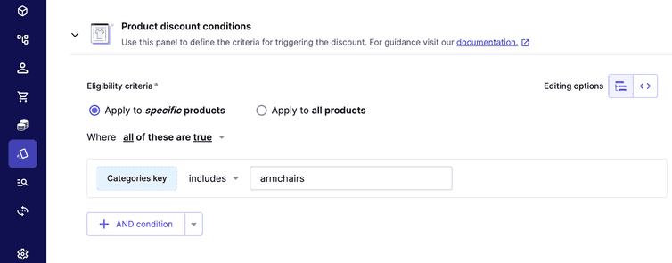 Configuration of a Product Discount rule.