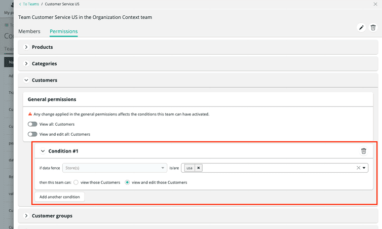 Conditional permissions applied for Customers.